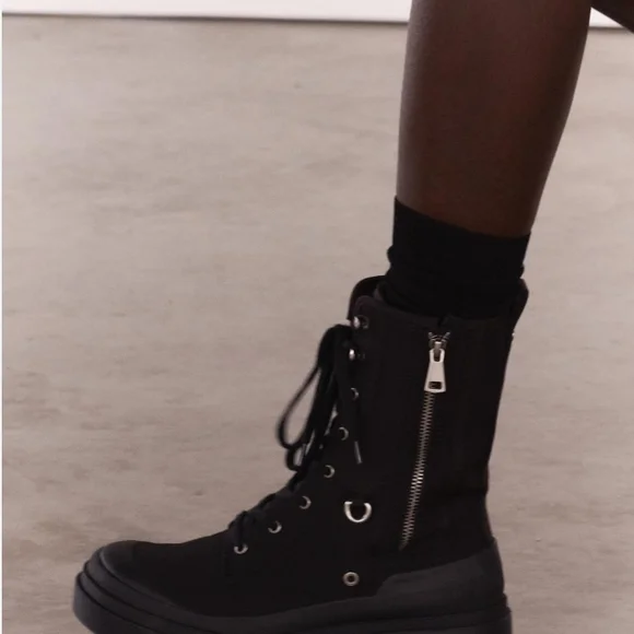 Zara Black Canvas Women's Combat Boots Chunky Heel Lace-up Zip-up Sz40 (US Sz9) - Picture 4 of 16